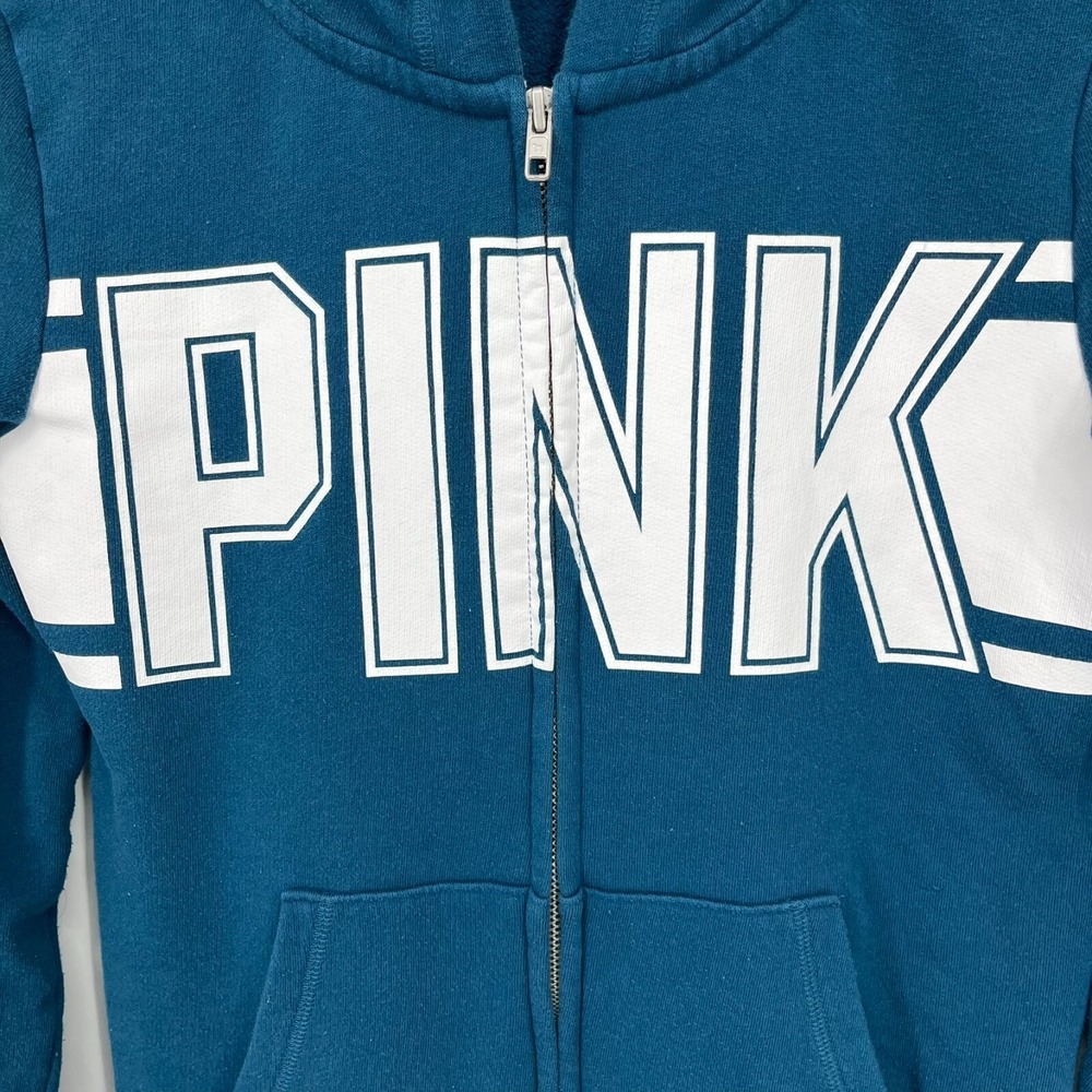 PINK Victoria's Secret Full Zip Hoodie Women's Size XS Blue Logo Cotton Blend - Picture 5 of 9